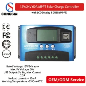 Congsin 60A Solar Charge Controller – Auto 12V/24V, LCD Display & 4 USB for Large-Scale Off-Grid Systems