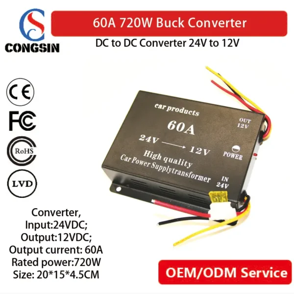 Congsin 60A Voltage Buck Regulator – Compact 24V to 12V Power Supply for RVs, Boats, and Solar Systems