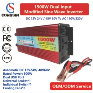 1500W New-Gen Modified Sine Inverter – Dual DC Input (12V–60V) for Field AC Power, Solar Banks & Battery Cabinets | Congsin GridFlex