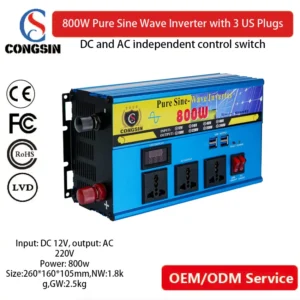 800W Pure Sine Wave Inverter – Congsin 12V Input with 3 AC Outlets for Solar Systems, Backup Power & OEM Projects