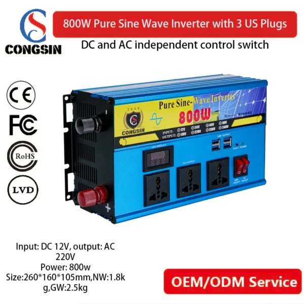 800W Pure Sine Wave Inverter – Congsin 12V Input with 3 AC Outlets for Solar Systems, Backup Power & OEM Projects