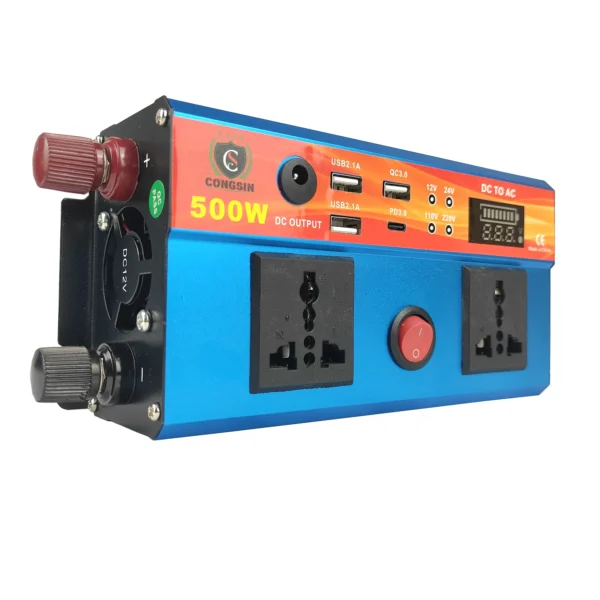 Compact Blue 500W Modified Sine Inverter – 3 USB, Type-C, LED Readout for Digital Nomads & Mobile Workstations | Congsin LitePower - Image 3