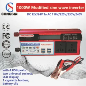 Congsin 1000W Red Modified Sine Wave Inverter – 4 USB & LCD Smart Output for Off-Grid Solar & Backup Devices