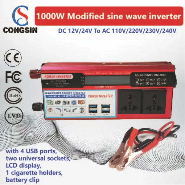 Congsin 1000W Red Modified Sine Wave Inverter – 4 USB & LCD Smart Output for Off-Grid Solar & Backup Devices