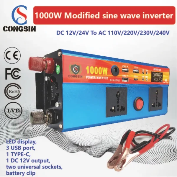 Stylish Blue 1000W Modified Sine Wave Inverter – LED Display, 3 USB Ports & Type-C for Mobile Digital Devices | Congsin BlueEdge