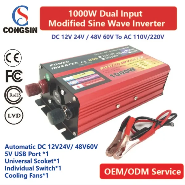 1000W Multi-Voltage Inverter – Dual Input (12V/24V/48V/60V) DC to 110V AC for Off-Grid RV & Solar Banks | Congsin PowerFlex
