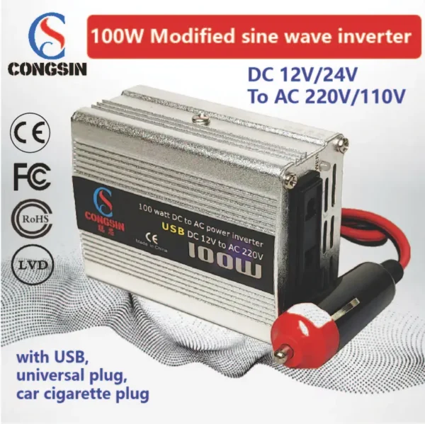 Low-Noise Silver Car Power Inverter – 100W DC 12V to AC 110V, Perfect for Daily Commutes and Compact Road Use | Congsin QuietLine