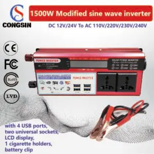 Creator’s Mobile Power Hub – 1500W Red Inverter with 4 USB Ports & LCD Screen, 12V to 110V AC | Congsin CreatorCharge