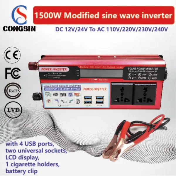 Creator’s Mobile Power Hub – 1500W Red Inverter with 4 USB Ports & LCD Screen, 12V to 110V AC | Congsin CreatorCharge