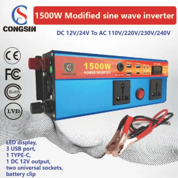 1500W Blue Modified Sine Inverter with LED Screen & 4-Port USB Power – Ideal for Off-Grid Workstations | Congsin VoltStation