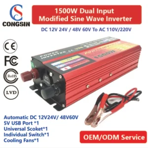 Congsin 1500W Hybrid System Inverter – Dual DC Input (12–60V) to AC 110V for Solar, Mobile Workbenches, and RV Setups