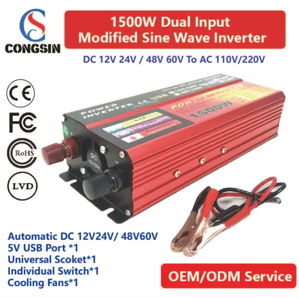 Congsin 1500W Hybrid System Inverter – Dual DC Input (12–60V) to AC 110V for Solar, Mobile Workbenches, and RV Setups