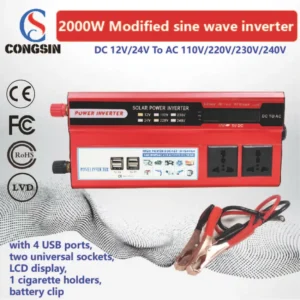 Congsin StudioGrid 2000W Inverter – 12V DC to 110V AC with 4 USB Ports & Digital Display for Studios, Booths & Event Power