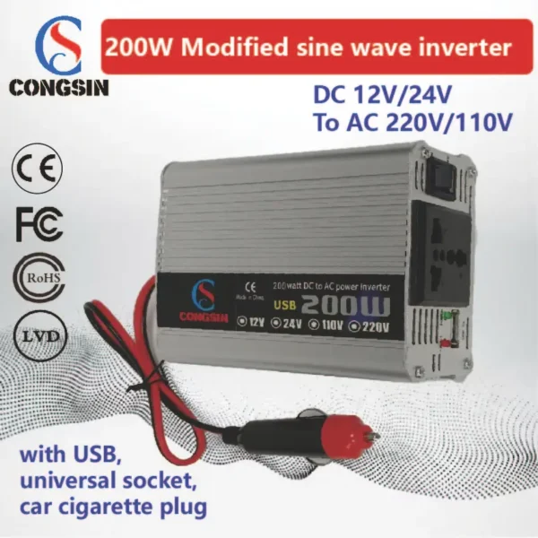 Portable Road Power Solution – 200W Silver DC 12V to AC 110V Car Inverter for Clean and Stable Output | Congsin DriveLine