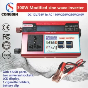 Field-Ready 300W Red Car Inverter – DC 12V to AC 110V for Technicians, Charging Fleets & Mobile Stations | Congsin ProCharge Series