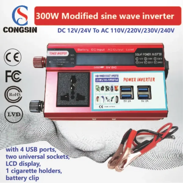Field-Ready 300W Red Car Inverter – DC 12V to AC 110V for Technicians, Charging Fleets & Mobile Stations | Congsin ProCharge Series