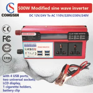500W Red Modified Sine Wave Car Inverter – LCD Display + 4 USB Ports, 12V to AC 110V for Solar & Vehicle Device Charging | Congsin ChargeMaster