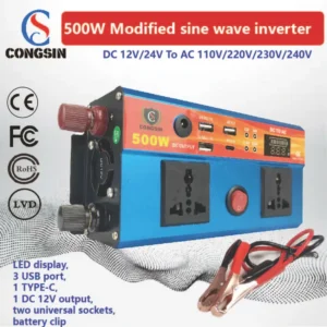 Compact Blue 500W Modified Sine Inverter – 3 USB, Type-C, LED Readout for Digital Nomads & Mobile Workstations | Congsin LitePower