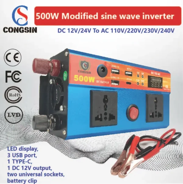 Compact Blue 500W Modified Sine Inverter – 3 USB, Type-C, LED Readout for Digital Nomads & Mobile Workstations | Congsin LitePower