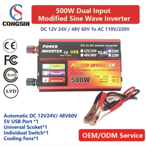500W Multi-Voltage DC Input Inverter – Supports 12V/24V/48V/60V to 110V AC, Perfect for Backup & Mobile Power | Congsin FlexConvert