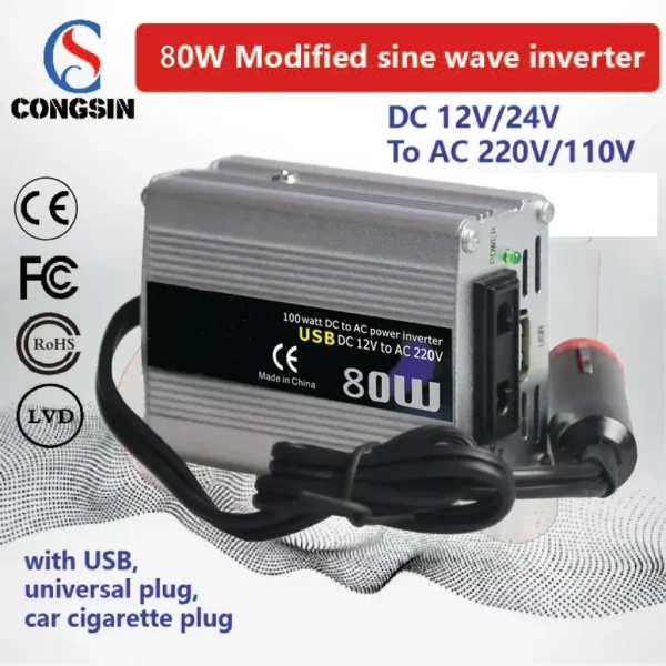 Everyday Power Made Simple – 80W Silver DC to AC Inverter for Cars, Lightweight and Ideal for Small Electronics | Congsin MiniFlow