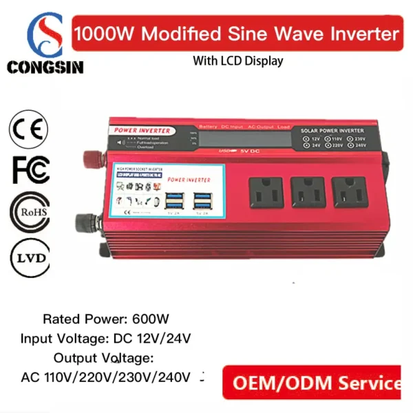 Congsin 1000W Car Power Inverter – 600W Rated, DC 12V/24V to AC 110V/220V/230V/240V with 4 USB Ports & LCD Display | Modified Sine Wave Converter for Vehicle, Camping & Emergency Use