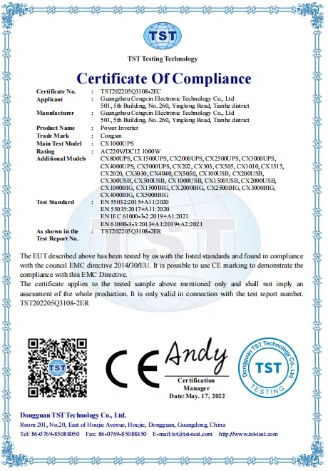 CE certified 1000W power inverter for EU market – Congsin EMC compliance certificate for CX series inverter models
