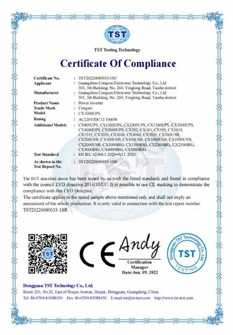 LVD compliant inverter certificate – safe low voltage design tested for EU market (2014/35/EU standard)