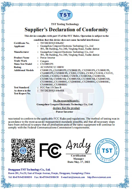 FCC compliant 1000W inverter for US market – Congsin FCC Part 15B certificate for household and car inverters