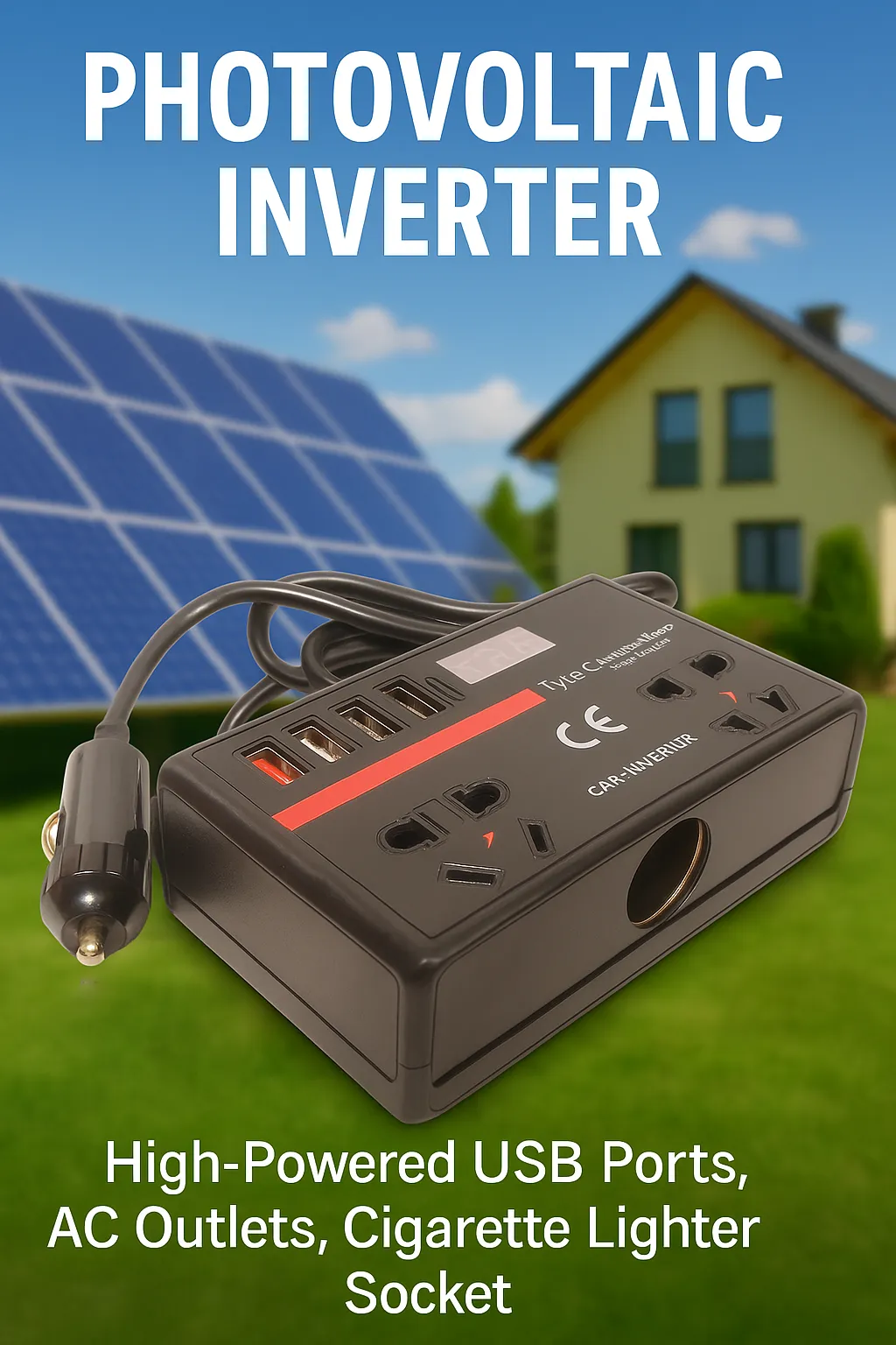 Portable Photovoltaic Car Power Inverter with USB Ports, AC Outlets, and Cigarette Lighter Socket – Ideal for Solar Power Systems