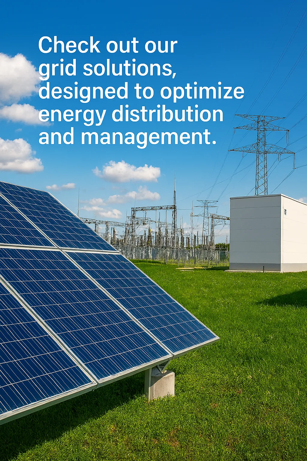 Solar panels and power grid infrastructure illustrating grid solutions for optimized energy distribution and management.