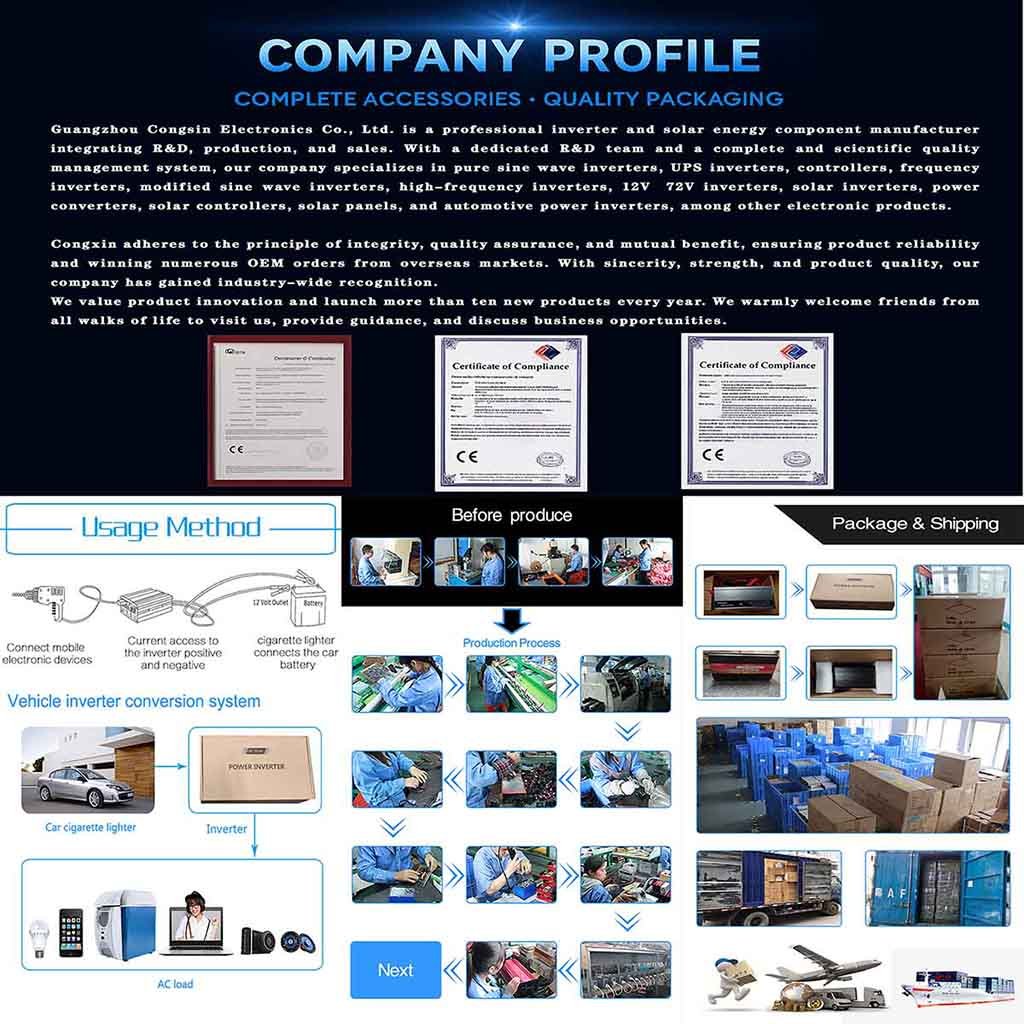 Congsin company profile with inverter certificates, production process, and packaging